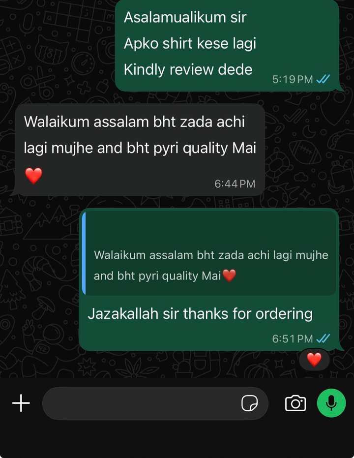 Customer message: bht zada achi lagi mujhe and bht pyri quality